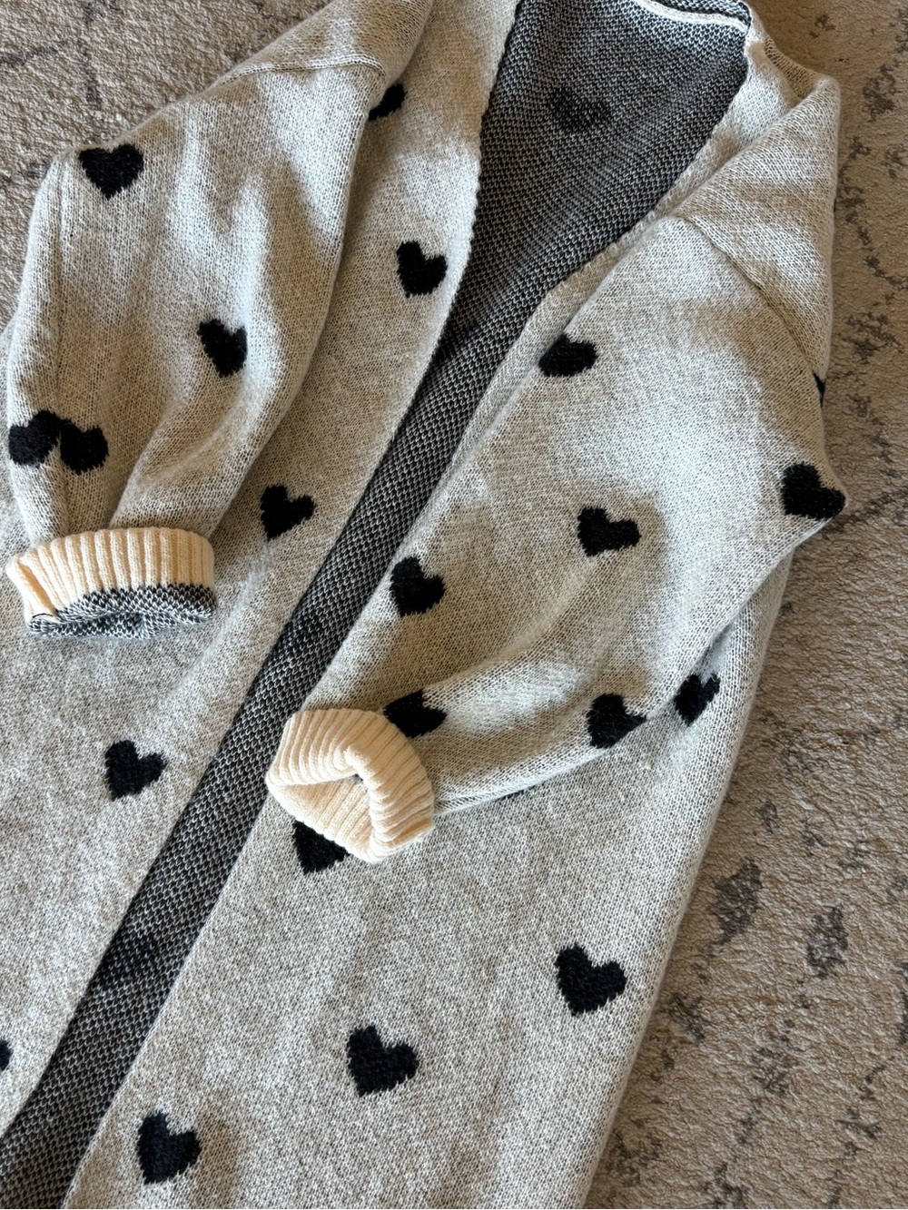 Oversized Heart-Print Knit Cardigan Cream with Black Hearts